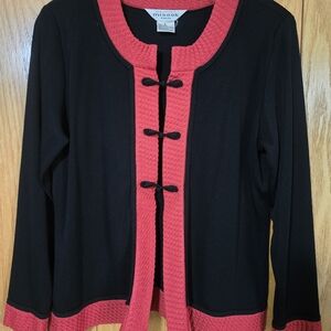 Misook Black Cardigan with Red Trim